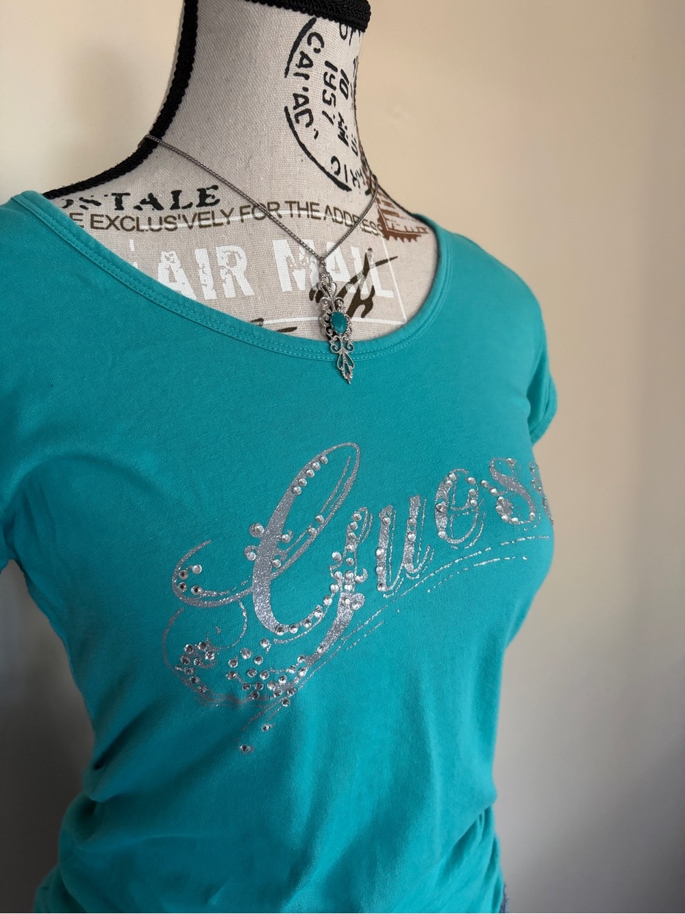Y2K Guess Teal Rhinestone Short Sleeve Model Off Duty Baby Tee - Picture 4 of 13